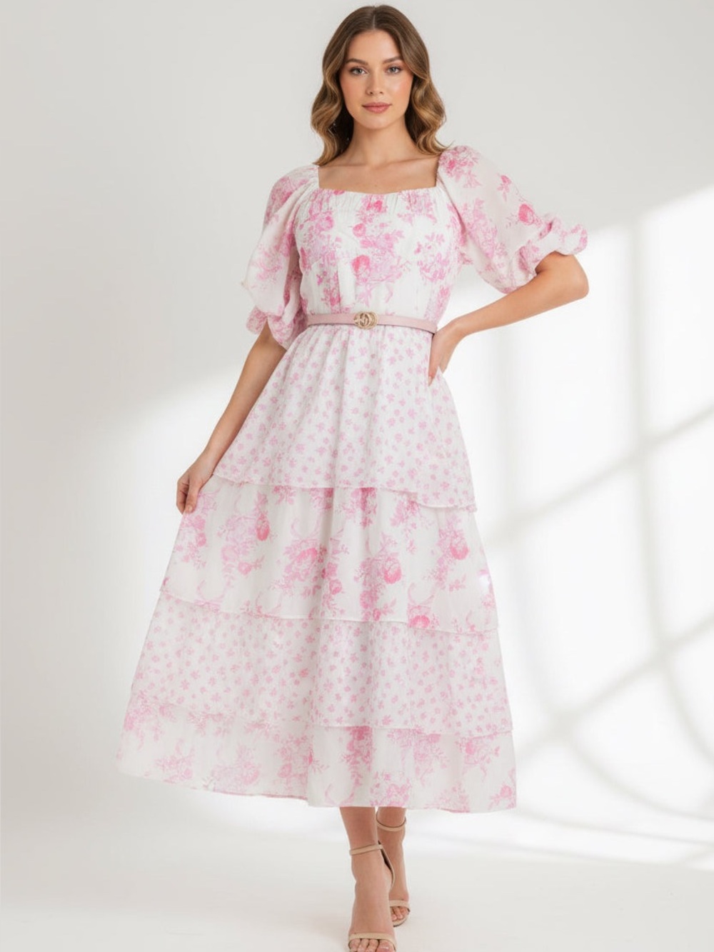 Tiered Pink Floral Maxi Dress with Belted Waist